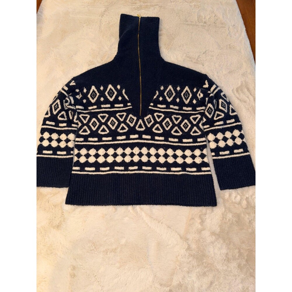 J.Crew Sweater Womens S-M Blue Fair Isle 1/2 Zip High Neck Chunky Knit Pullover